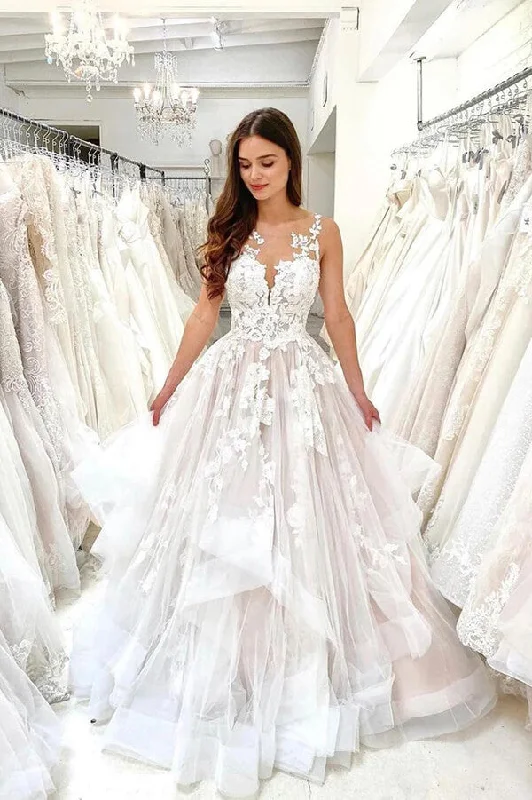 Comfortable Loungewear for Women Roycebridal Tulle A-line Illusion Sleeveless Lace Appliques Wedding Dresses With Train, MW803 Comfortable Loungewear for Women Roycebridal Tulle A-line Illusion Sleeveless Lace Appliques Wedding Dresses With Train, MW803
