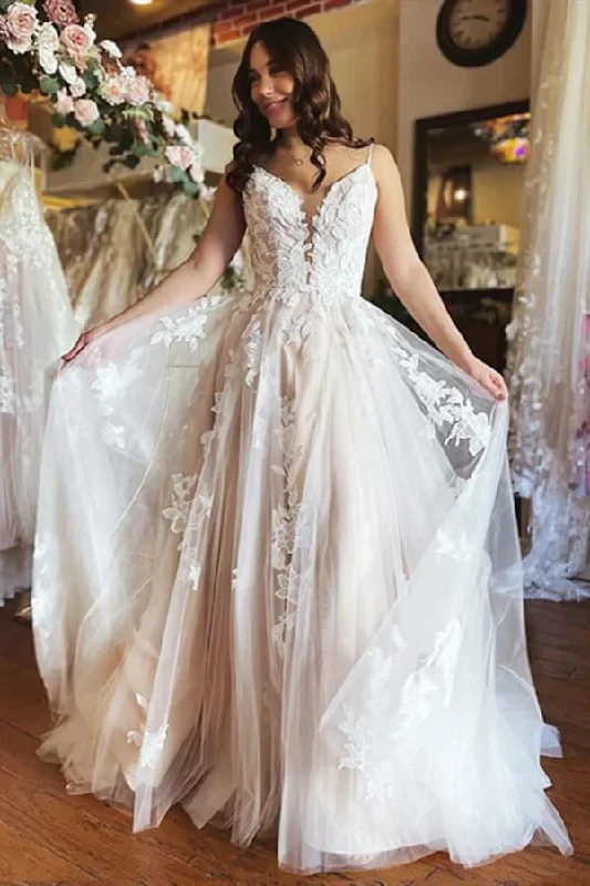 Fashion Sale Roycebridal Tulle A-line V-neck Spaghetti Straps Wedding Dresses With Lace Appliques, MW759 Fashion Sale Roycebridal Tulle A-line V-neck Spaghetti Straps Wedding Dresses With Lace Appliques, MW759
