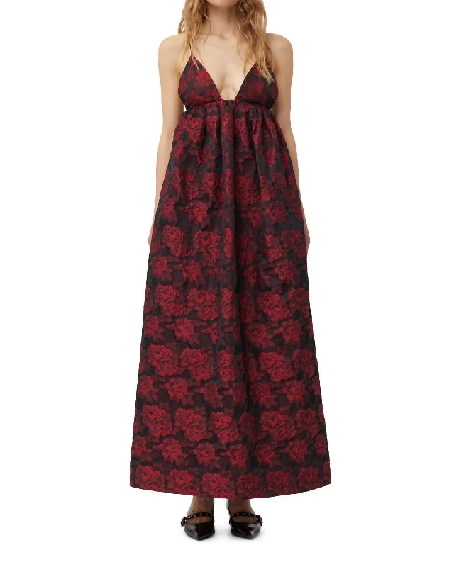 Women's Romantic Outfit Botanical Jacquard Long Strap Dress In High Risk Red