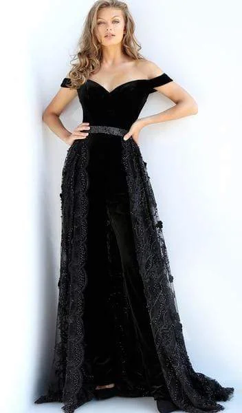 Inspired By You, Designed For You Jovani - Off Shoulder Velvet Jumpsuit Overskirt Gown 58964 - 1 pc Black In Size 4 Available Inspired By You, Designed For You Jovani - Off Shoulder Velvet Jumpsuit Overskirt Gown 58964 - 1 pc Black In Size 4 Available
