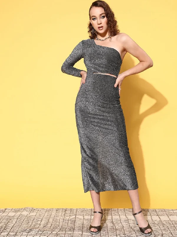 Season Transition Versatile Wear Clearance Women Silver Lurex Waist Cut-Out One Shoulder Midi Dress Season Transition Versatile Wear Clearance Women Silver Lurex Waist Cut-Out One Shoulder Midi Dress