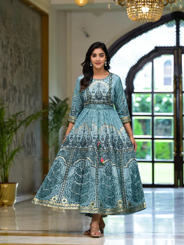 Street Style Fashion Aqua Santoon Printed Fit & Flare Maxi Dress With Beads & Dori On Waist Street Style Fashion Aqua Santoon Printed Fit & Flare Maxi Dress With Beads & Dori On Waist