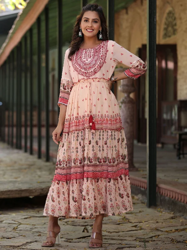 Weekend Sale Juniper Peach Ethnic Motif Printed Georgette Tiered Maxi Dress With Thread Embroidery Weekend Sale Juniper Peach Ethnic Motif Printed Georgette Tiered Maxi Dress With Thread Embroidery