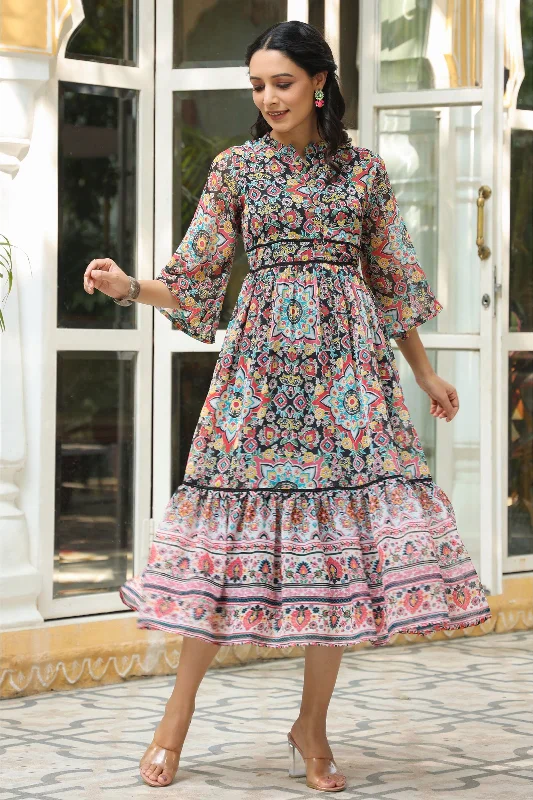 Online Boutique Clothing Juniper Black Geometric Printed Chiffon Tiered Maxi Dress With Buttons. Online Boutique Clothing Juniper Black Geometric Printed Chiffon Tiered Maxi Dress With Buttons.
