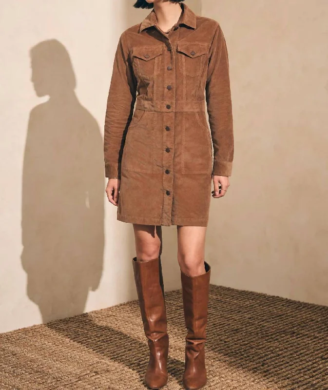 Fashion Forward Michelle Stretch Dress In Cord Brown