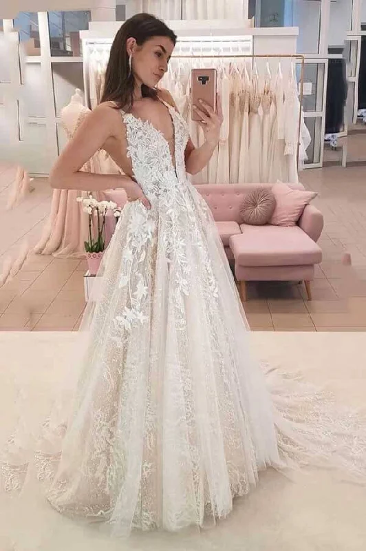 Stylish Savings Roycebridal Tulle A-line V-neck Wedding Dresses With Lace Appliques, Bridal Gown, MW722 Stylish Savings Roycebridal Tulle A-line V-neck Wedding Dresses With Lace Appliques, Bridal Gown, MW722