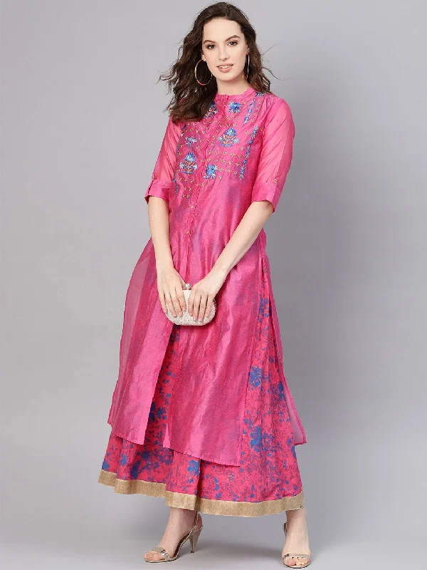 Clothes Woman Juniper Fuchsia Chanderi Ethnic Motif Printed Layered Maxi Dress With Thread Work Embroidery Clothes Woman Juniper Fuchsia Chanderi Ethnic Motif Printed Layered Maxi Dress With Thread Work Embroidery