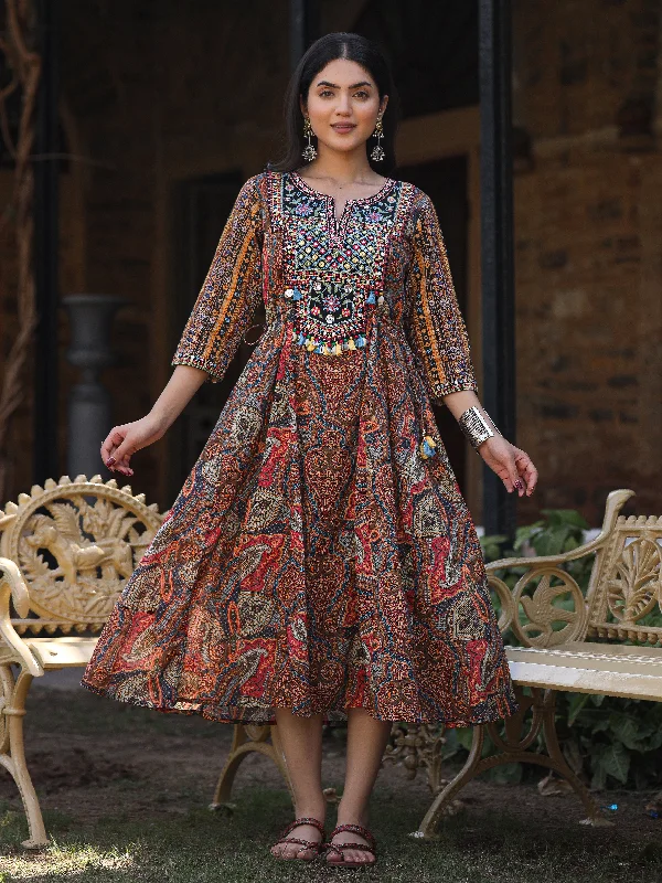 Sporty Streetwear Women's Multi Colored Cotton Ethnic Motif Printed Maxi Dress with Embroidered Yoke Sporty Streetwear Women's Multi Colored Cotton Ethnic Motif Printed Maxi Dress with Embroidered Yoke