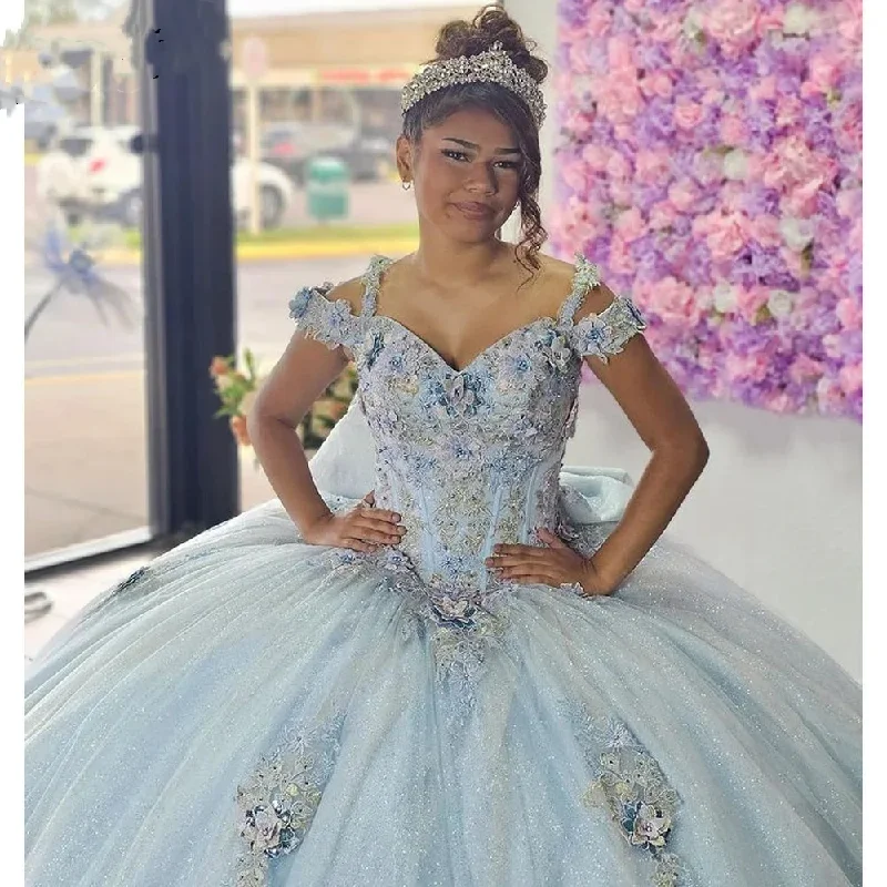 Exclusive Sale Sky Blue Quinceanera Dresses Ball Gown Floral Sweet 16 15 Dress Lace Appliques Beading Off Shoulder Exclusive Sale Sky Blue Quinceanera Dresses Ball Gown Floral Sweet 16 15 Dress Lace Appliques Beading Off Shoulder