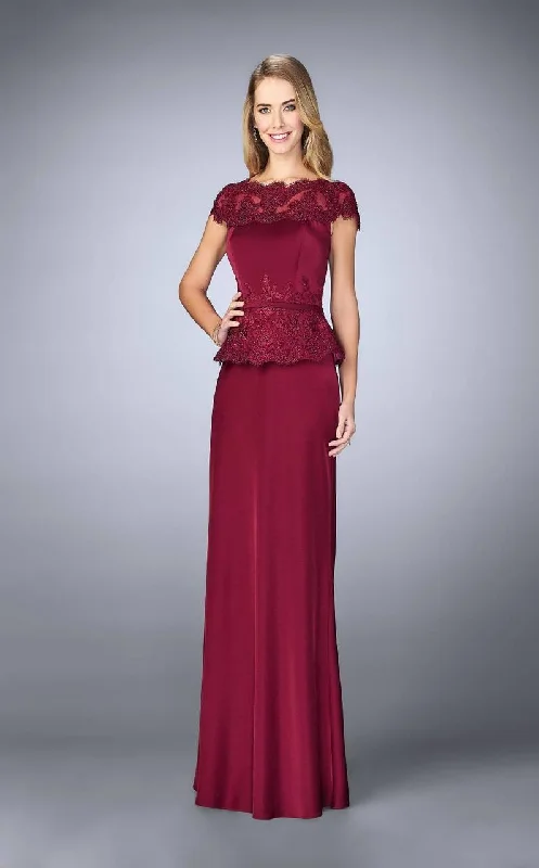 Women’s Outerwear for All Weather Conditions La Femme Bateau Neck Festooned Peplum Evening Gown 23444SC - 1 pc. Navy in Size 6 and 1 pc Crimson in Size 14 Available Women’s Outerwear for All Weather Conditions La Femme Bateau Neck Festooned Peplum Evening Gown 23444SC - 1 pc. Navy in Size 6 and 1 pc Crimson in Size 14 Available