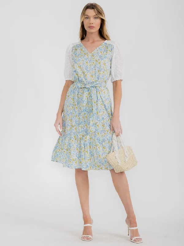 Vintage Inspired Fashion Sale WOMEN'S SHORT PUFF SLEEVE V-NECK SELF TIE FLORAL MIDI DRESS Vintage Inspired Fashion Sale WOMEN'S SHORT PUFF SLEEVE V-NECK SELF TIE FLORAL MIDI DRESS