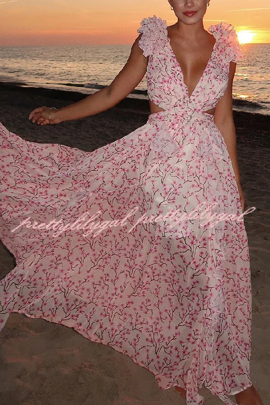 Seasonal Trends Lost in The Melody Chiffon Printed Flutter Sleeve Cutout Back Lace-up Maxi Dress Seasonal Trends Lost in The Melody Chiffon Printed Flutter Sleeve Cutout Back Lace-up Maxi Dress