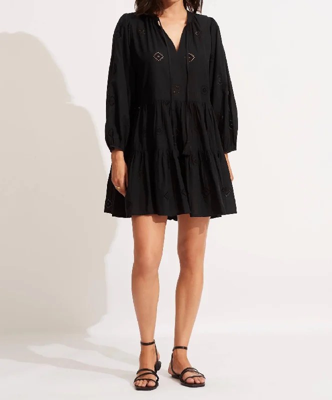 Women's Seasonal Apparel Embroidery Tiered Dress In Black