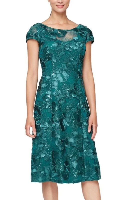 Travel Essentials Tea Length A-Line Soutache Dress In Emerald