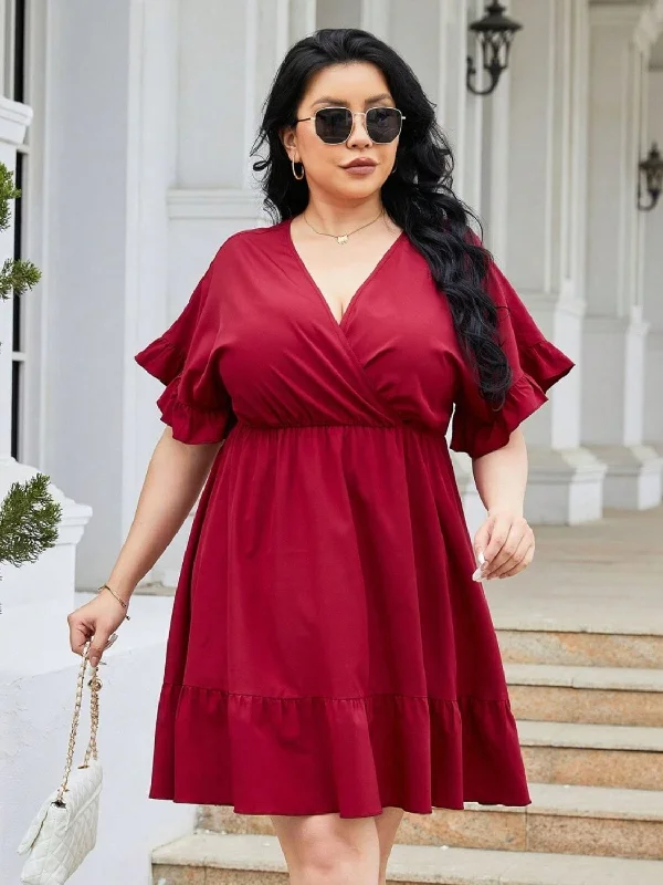 Feminine Dresses for Women in Bold Prints Plus Size Ruched Surplice Flounce Sleeve Mini Dress Feminine Dresses for Women in Bold Prints Plus Size Ruched Surplice Flounce Sleeve Mini Dress
