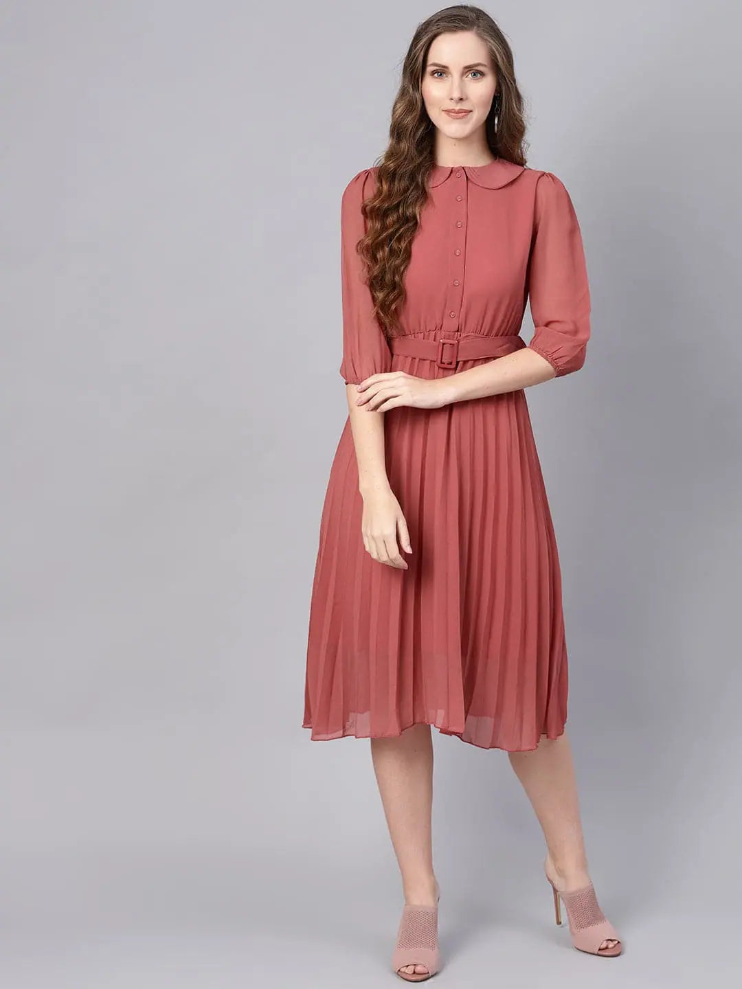 Extreme Clearance Deals Rose Pink Peterpan Belted Pleated Midi Dress