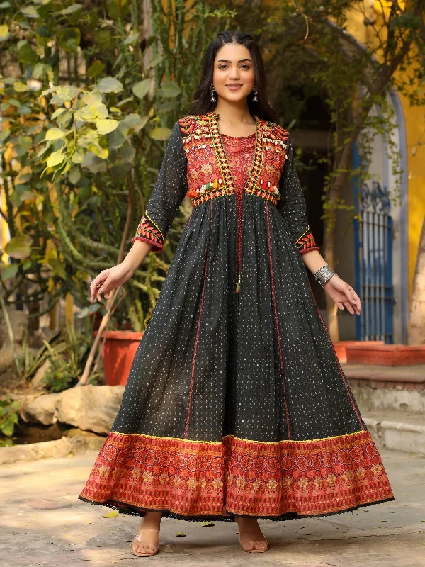 Timeless Classics Juniper Black Cotton Ethnic Motif Printed Fit & Flare Layered Maxi Dress With Thread Embroidery & Tassels Timeless Classics Juniper Black Cotton Ethnic Motif Printed Fit & Flare Layered Maxi Dress With Thread Embroidery & Tassels