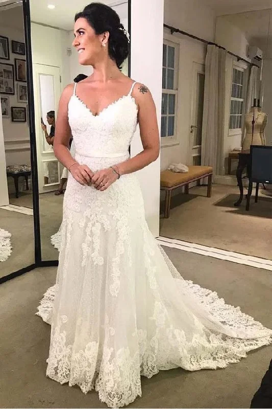 Stylish Women's Apparel Roycebridal Spaghetti Strap Printed Backless Lace Beach Wedding Dresses with Sash,MW341 Stylish Women's Apparel Roycebridal Spaghetti Strap Printed Backless Lace Beach Wedding Dresses with Sash,MW341
