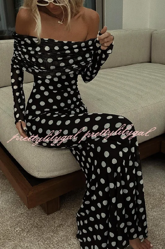 Seasonal Fashion Chic Statement Polka Dot Print Off Shoulder Ruched Stretch Maxi Dress Seasonal Fashion Chic Statement Polka Dot Print Off Shoulder Ruched Stretch Maxi Dress