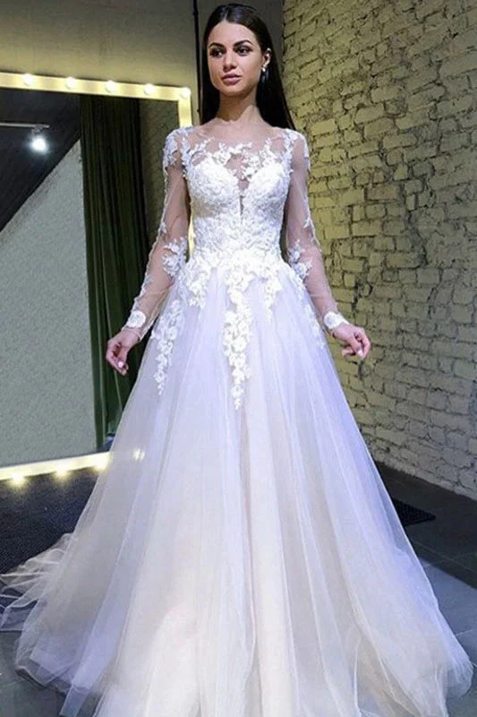 Feminine Dresses for Women in Bold Prints Roycebridal Tulle A-line Long Sleeves Round Neck Lace Appliques Wedding Dresses,MW395 Feminine Dresses for Women in Bold Prints Roycebridal Tulle A-line Long Sleeves Round Neck Lace Appliques Wedding Dresses,MW395
