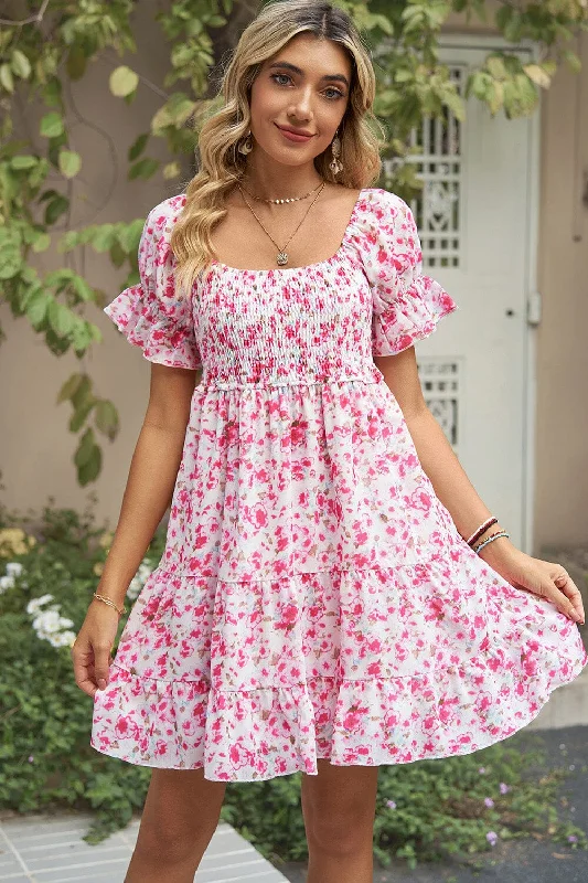 Women’s Outerwear for All Weather Conditions Smocked Printed Flounce Sleeve Mini Dress Women’s Outerwear for All Weather Conditions Smocked Printed Flounce Sleeve Mini Dress