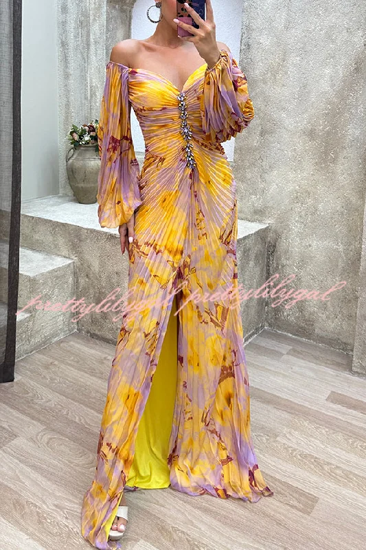 Versatile Outfits Sunset Serenade Printed Off Shoulder Diamond Embellished Pleated Slit Maxi Dress Versatile Outfits Sunset Serenade Printed Off Shoulder Diamond Embellished Pleated Slit Maxi Dress