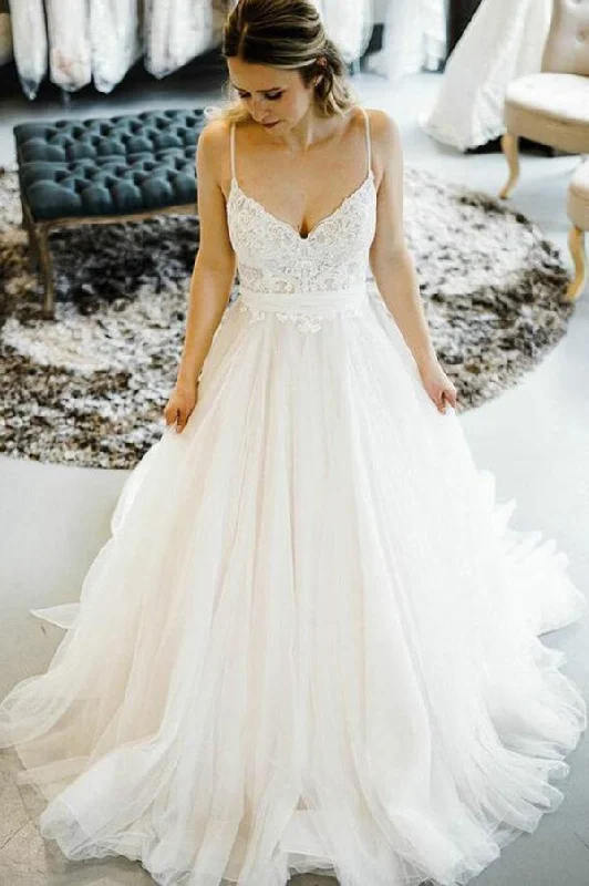 Flash Sale Fever Roycebridal Tulle Lace A-line Spaghetti Straps Wedding Dresses With Court Train, MW653 Flash Sale Fever Roycebridal Tulle Lace A-line Spaghetti Straps Wedding Dresses With Court Train, MW653