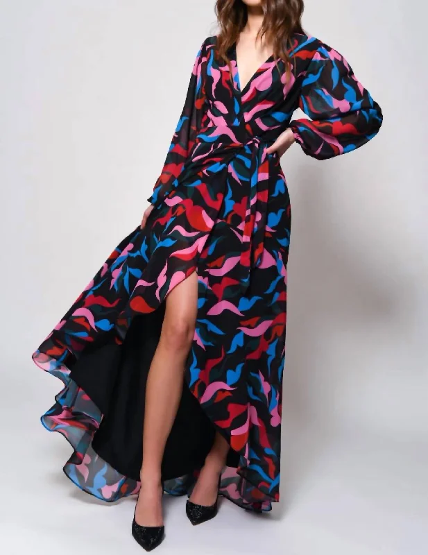 Elegant Women's Fashion Bridge Dress In Multi Squiggle Leaves Chiffon