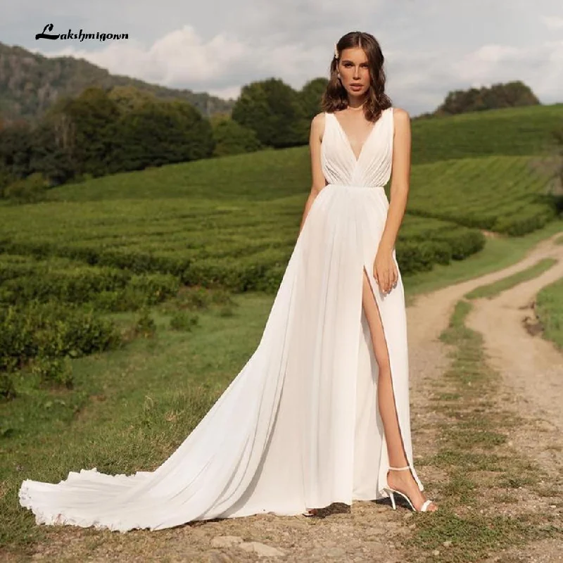 Everyday Fashion Roycebridal Sleeveless V Neck Chiffon High Split Pleats Wedding Dresses Everyday Fashion Roycebridal Sleeveless V Neck Chiffon High Split Pleats Wedding Dresses
