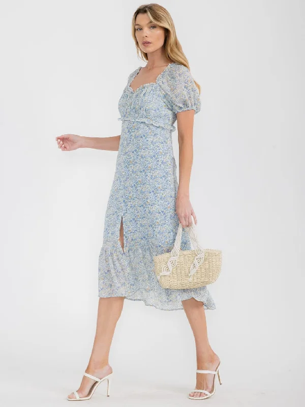 Exquisite Women's Wear Sale WOMEN'S SHORT PUFF SLEEVES BUTTONS DETAIL FLORAL MIDI DRESS Exquisite Women's Wear Sale WOMEN'S SHORT PUFF SLEEVES BUTTONS DETAIL FLORAL MIDI DRESS
