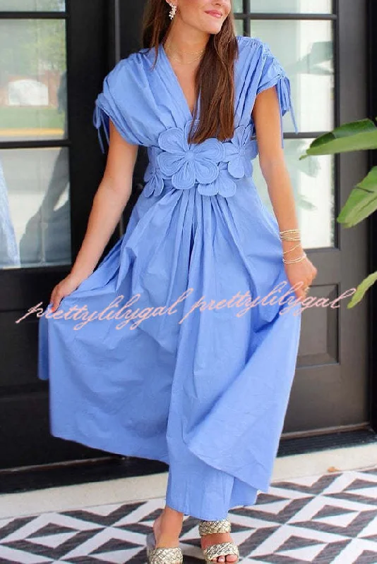 Stylish Savings Alma Floral Applique Ruched Wide Sleeve Elastic Waist Loose Midi Dress Stylish Savings Alma Floral Applique Ruched Wide Sleeve Elastic Waist Loose Midi Dress