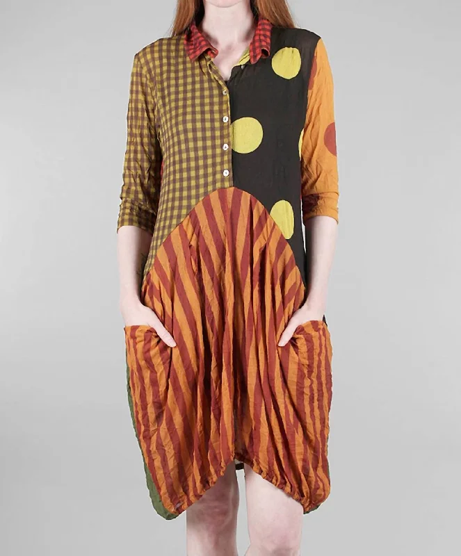 Casual Chic Stripes & Dots Crinkle Pocket Dress In Rust Mix