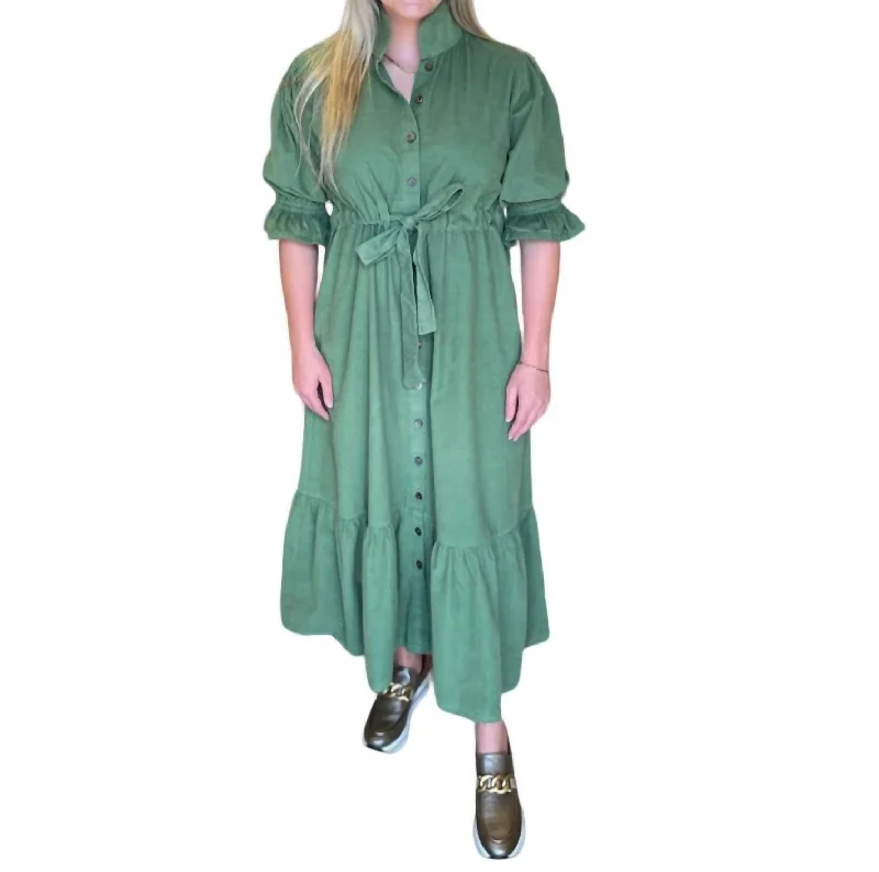 Mother's Day Special Catherine Corduroy Dress In Green