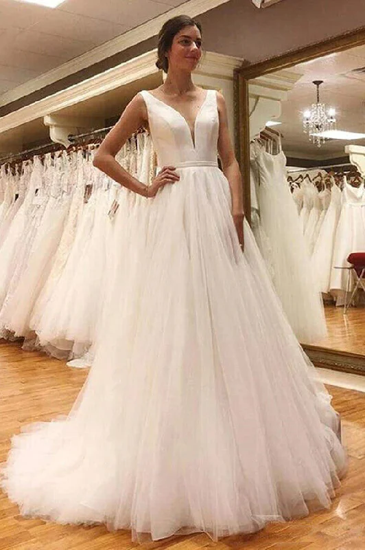 Big Savings Roycebridal Simple Tulle A-line V-neck Open Back Wedding Dresses, Wedding Gowns, MW765 Big Savings Roycebridal Simple Tulle A-line V-neck Open Back Wedding Dresses, Wedding Gowns, MW765