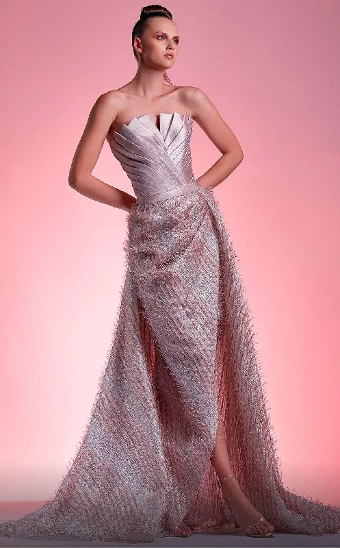 Trendsetting Threads MNM Couture - G1240 Strapless Pleat-Patterned Fringed Overskirt Gown Trendsetting Threads MNM Couture - G1240 Strapless Pleat-Patterned Fringed Overskirt Gown