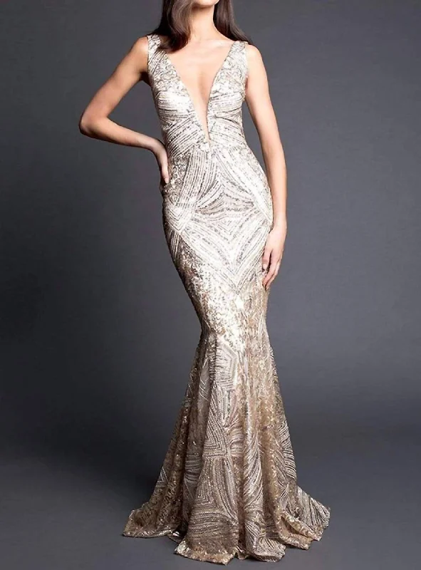 Trendsetting Threads Embellished Deep V-Neck Trumpet Dress In White Gold