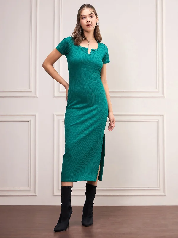 Clothing For Women Women Bottle Green Rib V-Neck Midi Dress