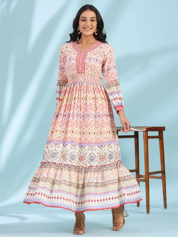 Clearance Sale Juniper Off-White Rayon Geometric Printed Tiered Maxi Dress With Mirror Work Clearance Sale Juniper Off-White Rayon Geometric Printed Tiered Maxi Dress With Mirror Work
