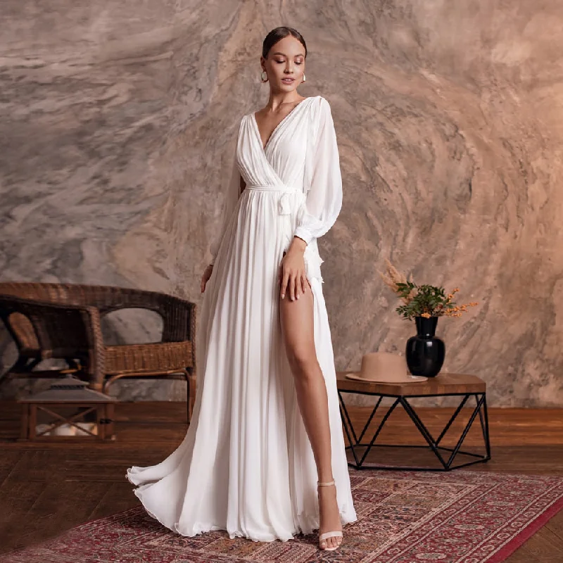 Women's Urban Fashion Roycebridal Simple Wedding Dress Sexy V Neck Long Sleeves Plain Chiffon A Line Beach Wedding Gown Side Slit Bridal Dresses Women's Urban Fashion Roycebridal Simple Wedding Dress Sexy V Neck Long Sleeves Plain Chiffon A Line Beach Wedding Gown Side Slit Bridal Dresses