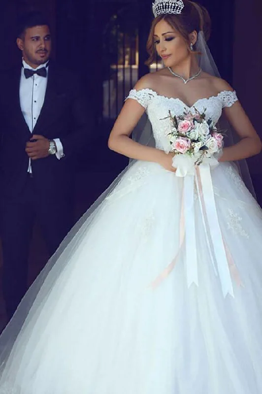 Latest Fashion Roycebridal Tulle Ball Gown Off Shoulder Appliqued Wedding Dresses With Sweep Train, MW566 Latest Fashion Roycebridal Tulle Ball Gown Off Shoulder Appliqued Wedding Dresses With Sweep Train, MW566