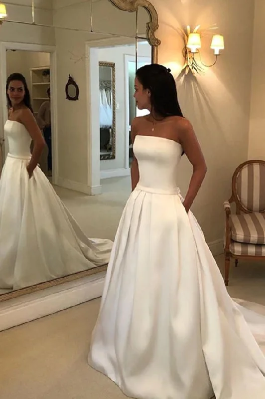 Women's Fashion Clothing Roycebridal Straps Simple Ivory Satin A-line Pleated Wedding Dresses with Court Train Bridal Dresses,MW368 Women's Fashion Clothing Roycebridal Straps Simple Ivory Satin A-line Pleated Wedding Dresses with Court Train Bridal Dresses,MW368