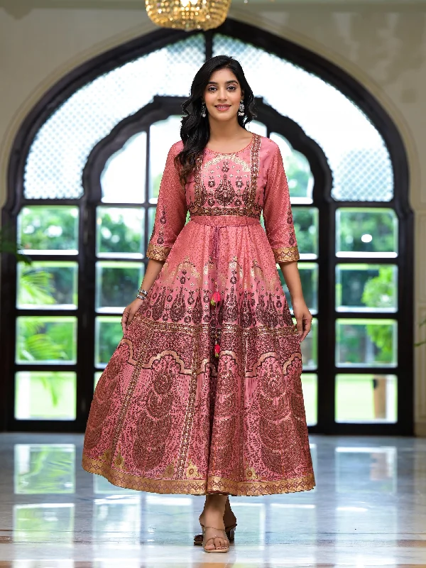 Casual Wear Onionpink Santoon Printed Fit & Flare Maxi Dress With Beads & Dori On Waist Casual Wear Onionpink Santoon Printed Fit & Flare Maxi Dress With Beads & Dori On Waist