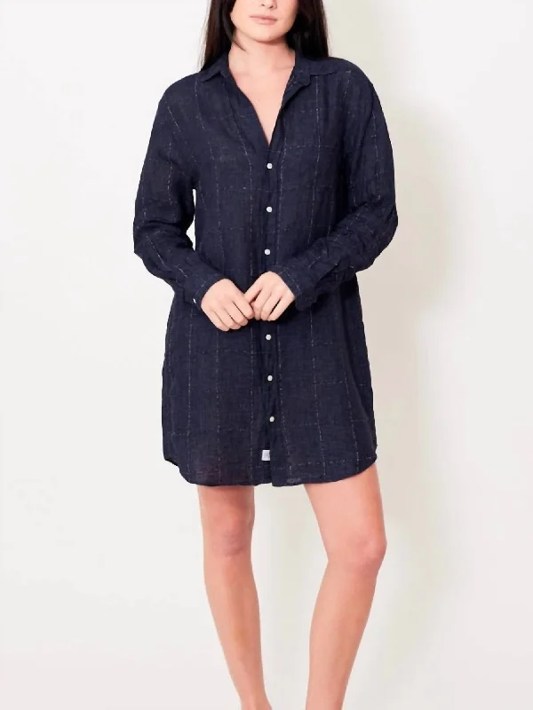 Festival Fashion Mary Woven Button Up Dress In Navy Texture Windowpane