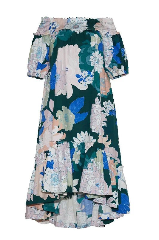 Women's Seasonal Apparel Zinnia Dress In Green Retro Dahlia
