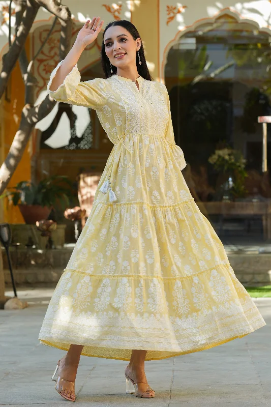 Flash Discount Juniper Lemon Yellow Ethnic Motif Printed Pure Cotton Tiered Maxi Dress with Sequins work Flash Discount Juniper Lemon Yellow Ethnic Motif Printed Pure Cotton Tiered Maxi Dress with Sequins work