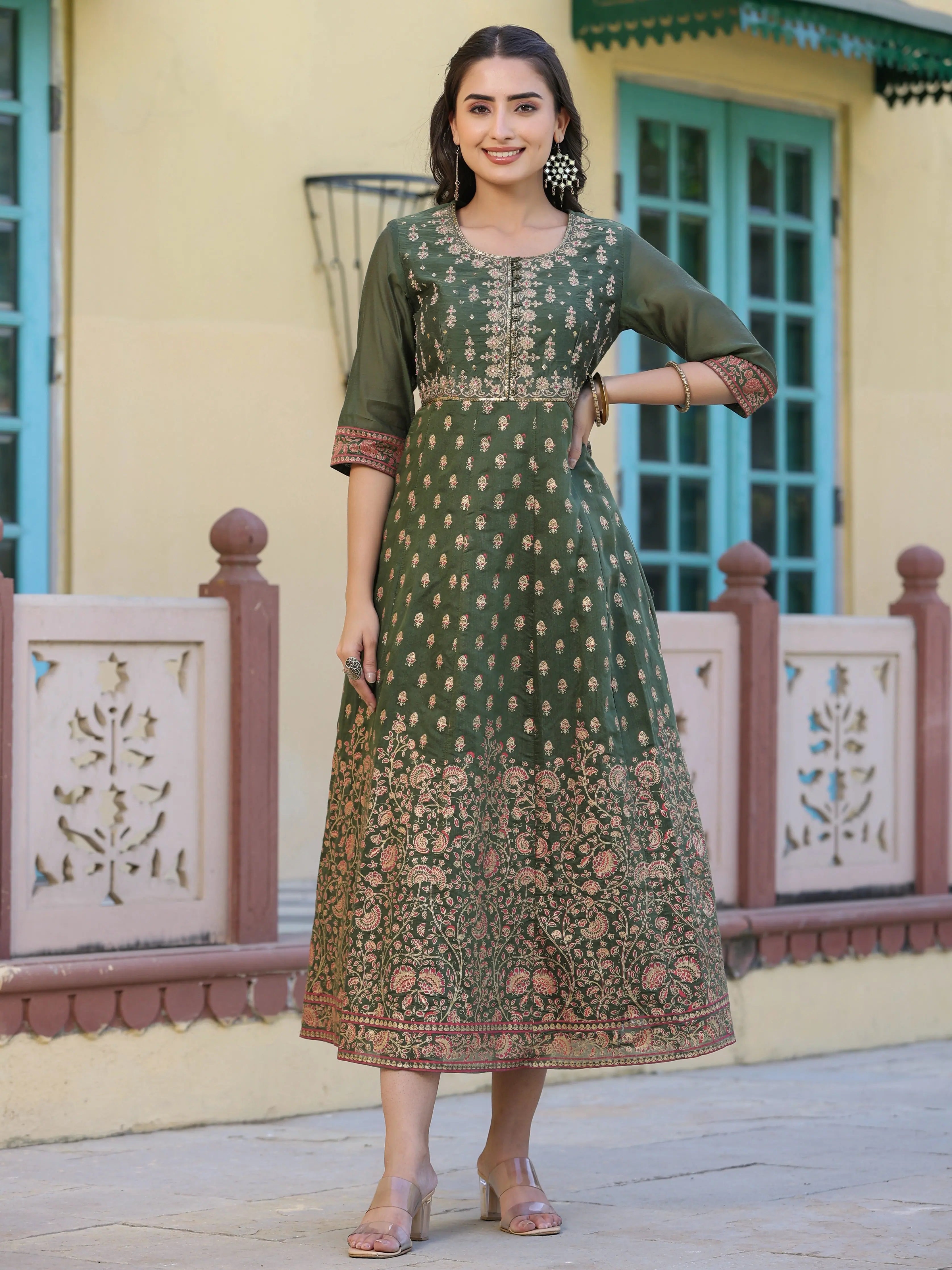 Comfortable Loungewear for Women Juniper Women Olive Chanderi Printed Maxi Dress with Embroidered Yoke Comfortable Loungewear for Women Juniper Women Olive Chanderi Printed Maxi Dress with Embroidered Yoke