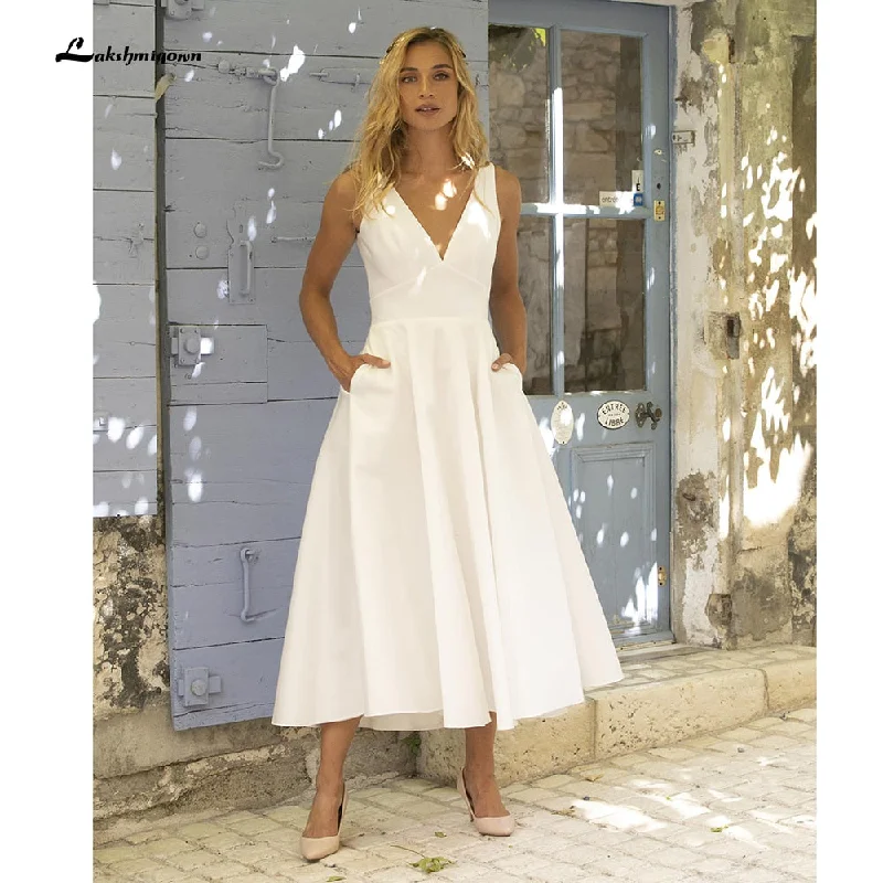 Stylish Savings Roycebridal Simple V Neck Satin Tea Length Backless Short Wedding Dresses With Pocket bridal gown Beach vestido de noiva simples Lakshmigown Stylish Savings Roycebridal Simple V Neck Satin Tea Length Backless Short Wedding Dresses With Pocket bridal gown Beach vestido de noiva simples Lakshmigown