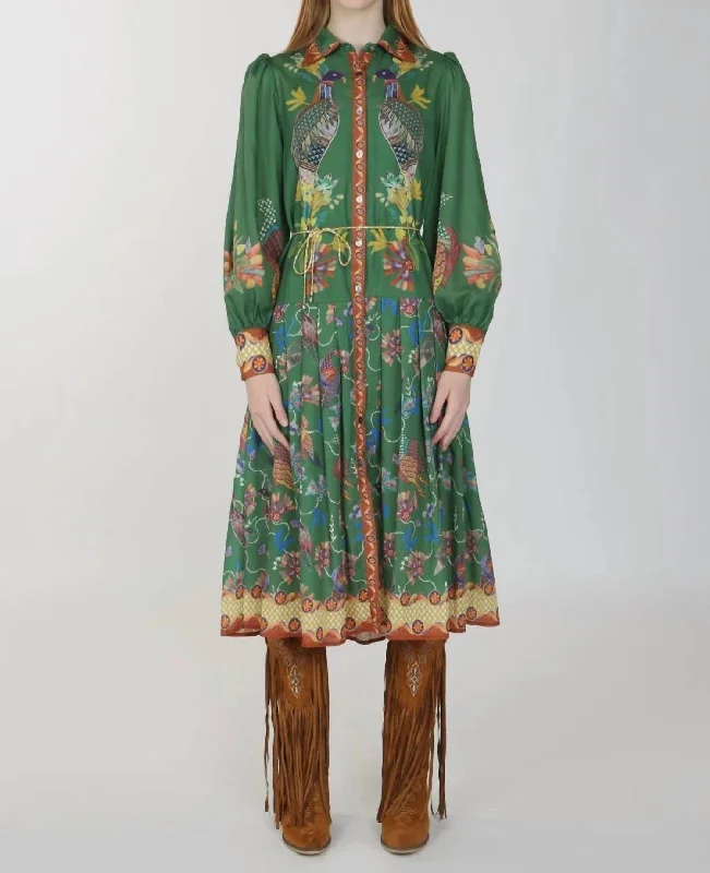 Chic Women's Outfit Bird Button-Up Dress In Green