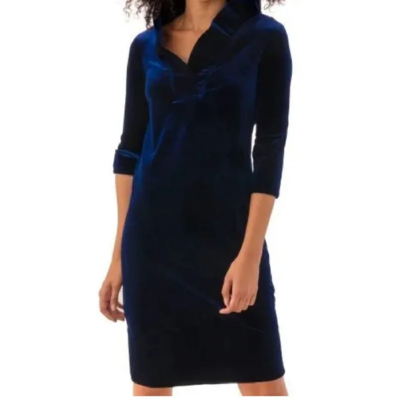 Popular Collection Ruffleneck Velour Dress In Navy