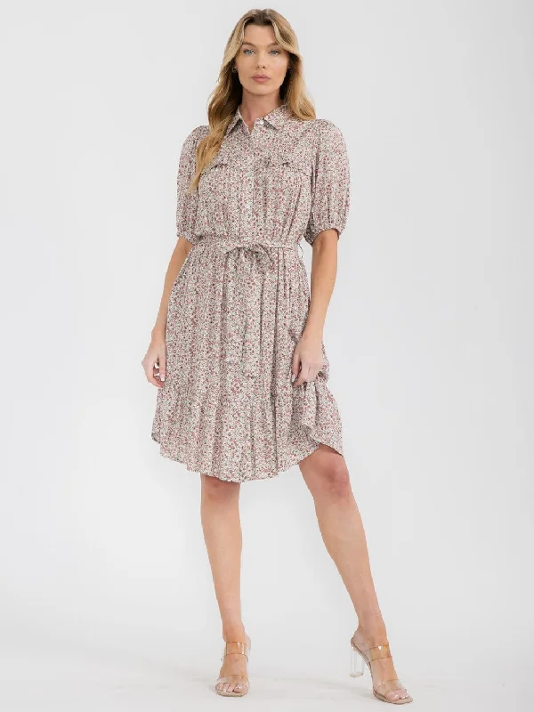 Athleisure Wear Promotion WOMEN'S SHORT SLEEVE BUTTON UP SELF TIE POCKETS FLORAL MINI DRESS Athleisure Wear Promotion WOMEN'S SHORT SLEEVE BUTTON UP SELF TIE POCKETS FLORAL MINI DRESS